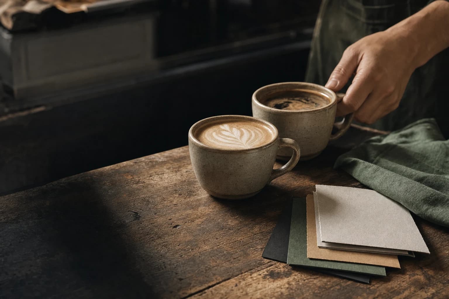Two ceramic coffees waiting at a warm café counter
